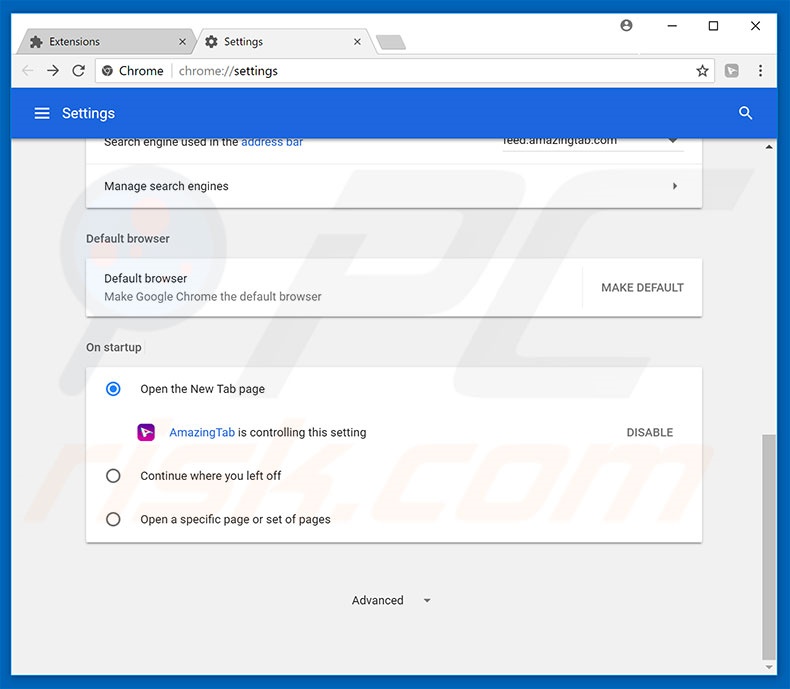 Removing feed.amazingtab.com from Google Chrome homepage