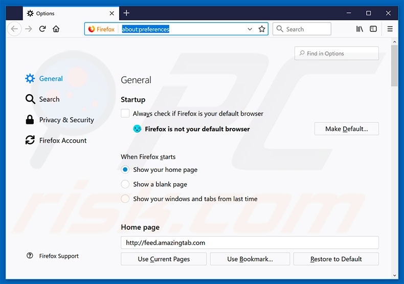 Removing feed.amazingtab.com from Mozilla Firefox homepage