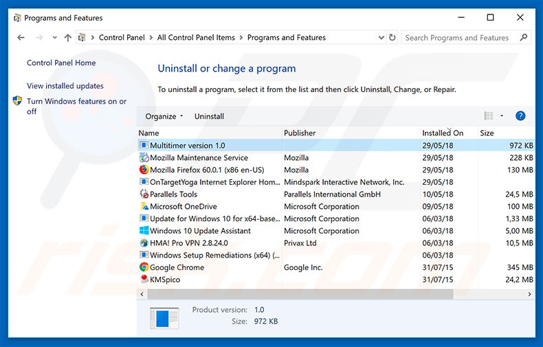 Multitimer adware uninstall via Control Panel