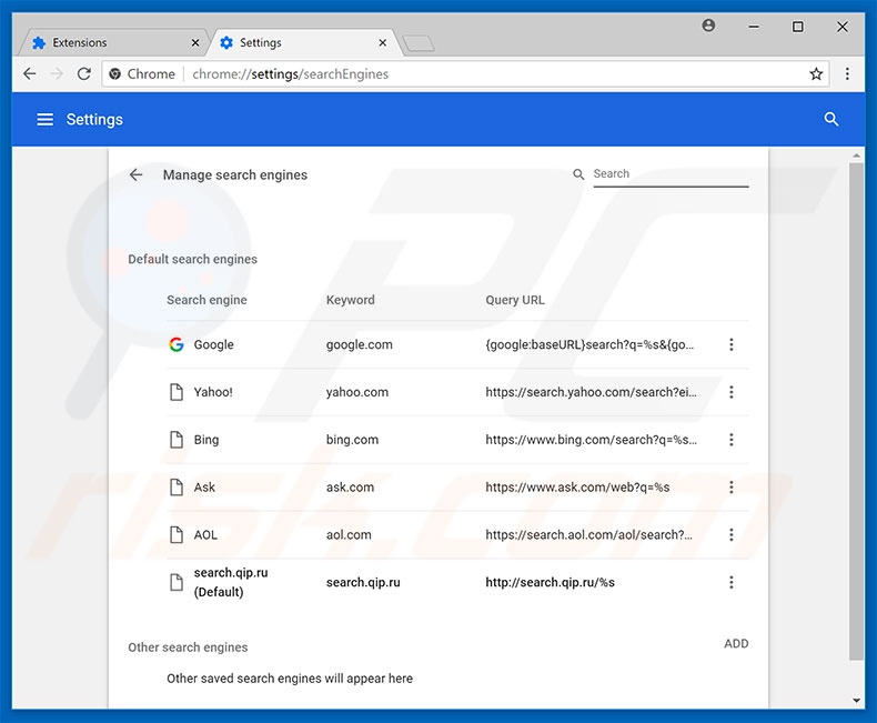 Removing qip.ru from Google Chrome default search engine