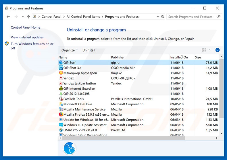 qip.ru browser hijacker uninstall via Control Panel