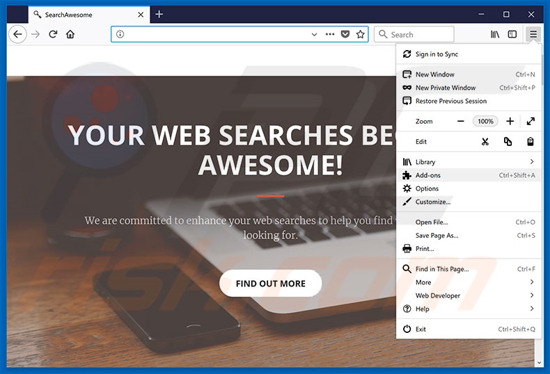 Removing SearchAwesome ads from Mozilla Firefox step 1
