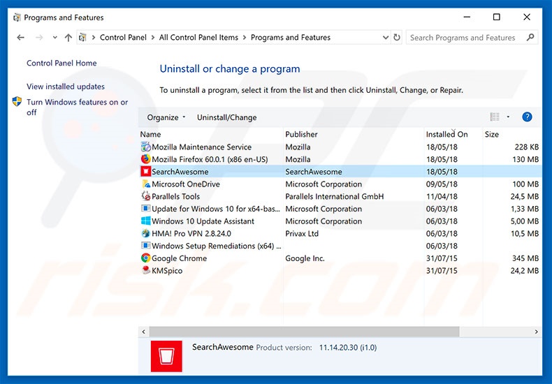SearchAwesome adware uninstall via Control Panel