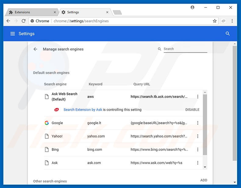Removing search.tb.ask.com from Google Chrome default search engine