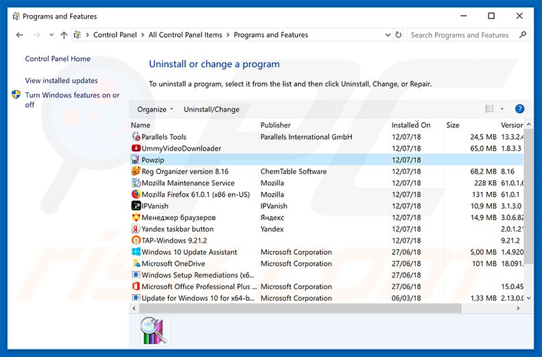 Powzip adware uninstall via Control Panel