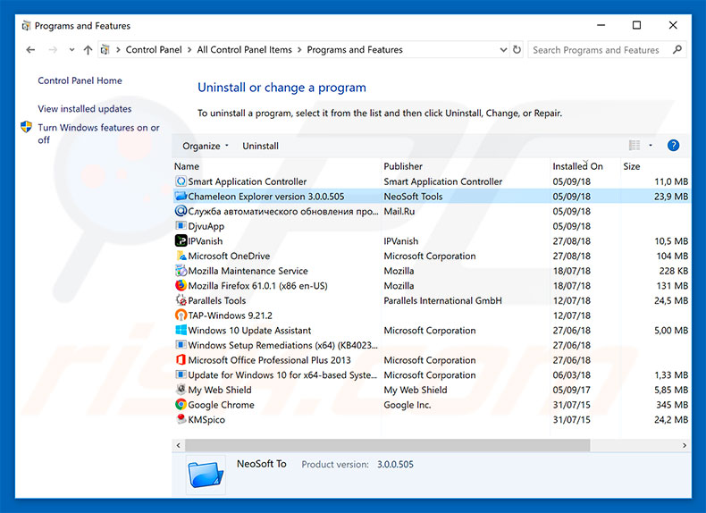 Chameleon Explorer Pro adware uninstall via Control Panel