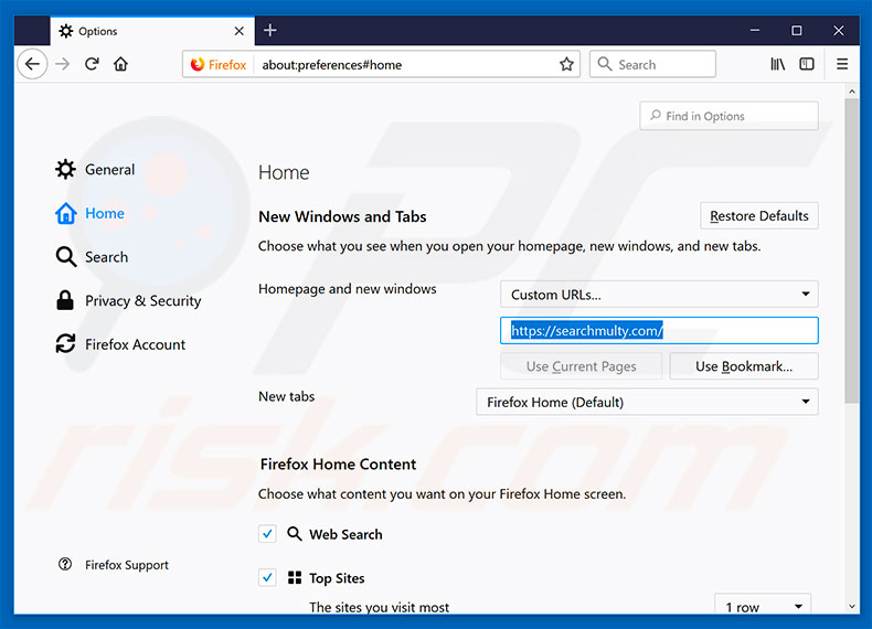 Removing searchmulty.com from Mozilla Firefox homepage
