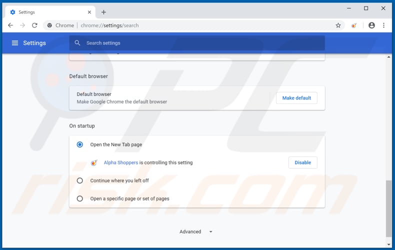 Removing alphashoppers.co from Google Chrome homepage