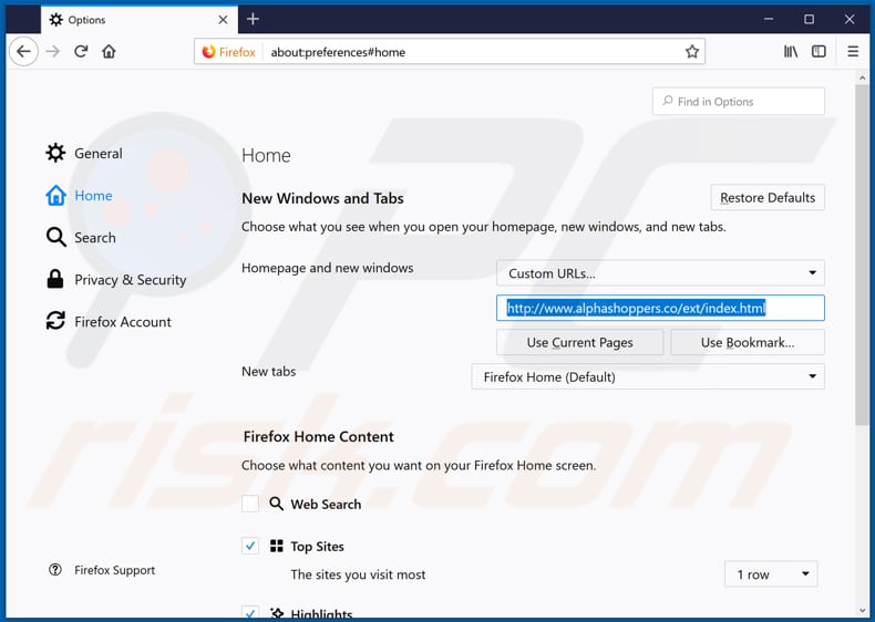 Removing alphashoppers.co from Mozilla Firefox homepage