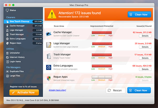 Appearance of Mac Cleanup Pro scam