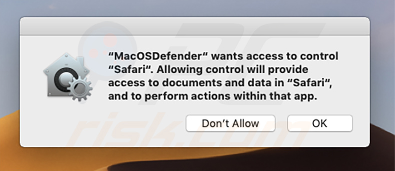 MacOSDefender displaying pop-up