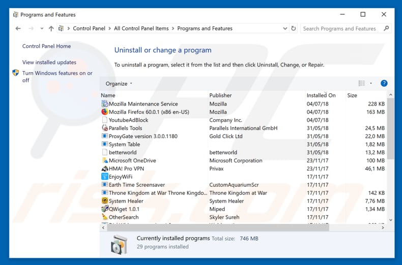 System Firewall Has Blocked Some Features adware uninstall via Control Panel