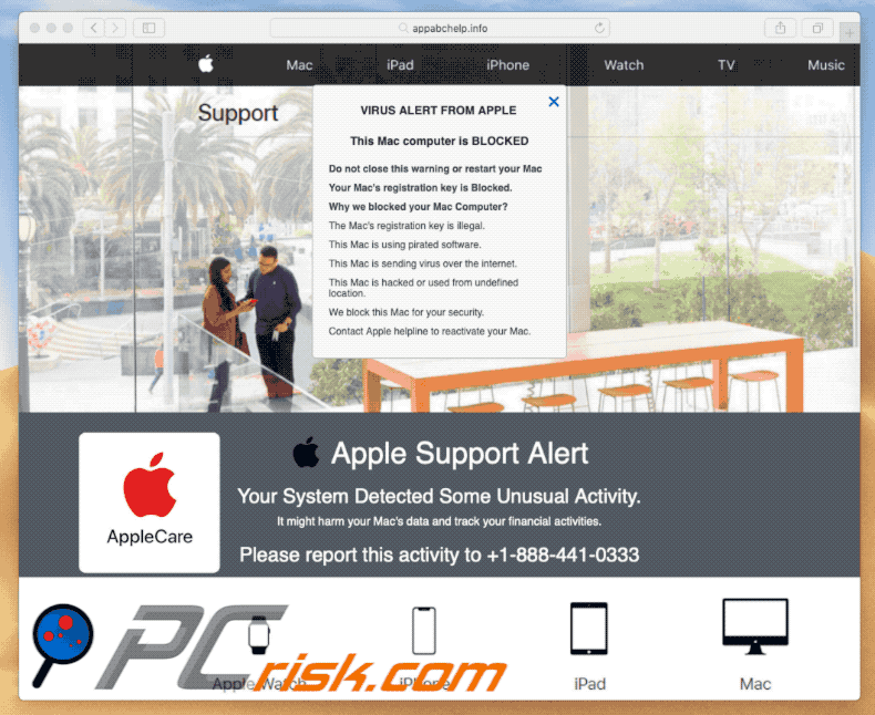 Appearance of Apple Support Alert pop-up scam (sample 2)