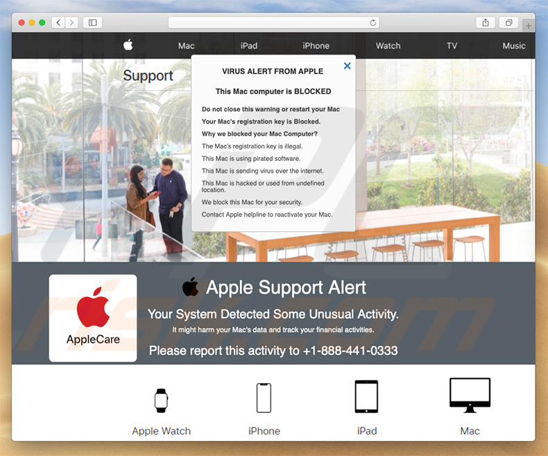 Apple Support Alert popup scam (sample 2)
