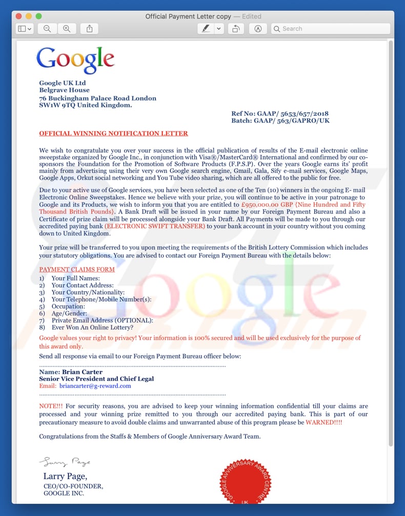 pdf file presented in Google winner scam