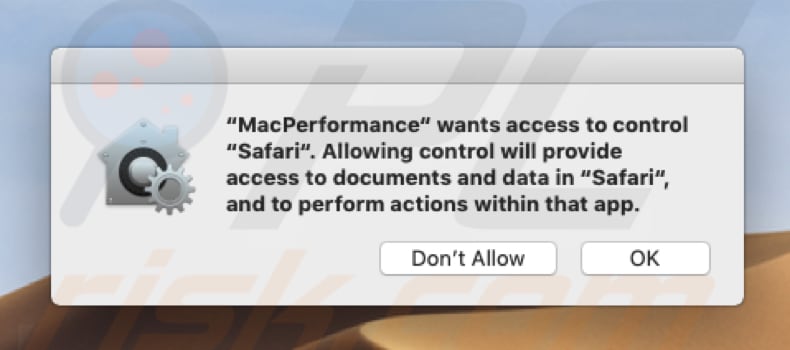 MacPerformance pop-up asking for access to control Safari