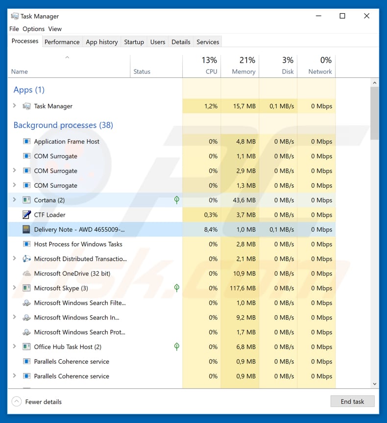 TNT E-Mail Virus Zustellungsmitteilungsprozess im Task-Manager