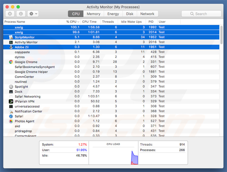 XMRig miner processes in Activity Monitor