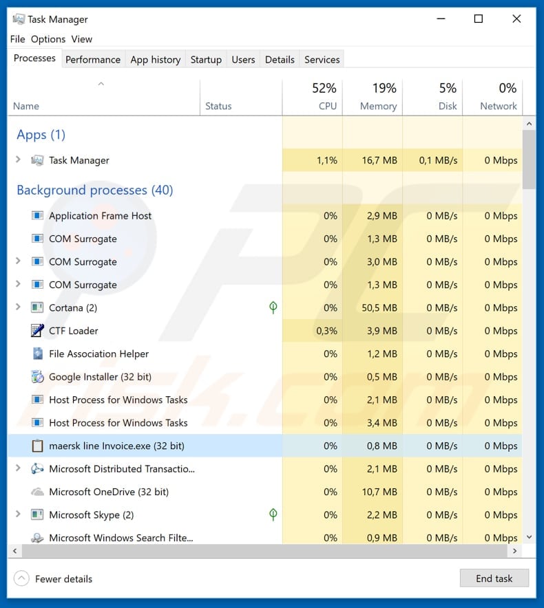 Pony Prozess läuft im Task Manager unter dem Namen maersk line Invoice.exe (32-bit)