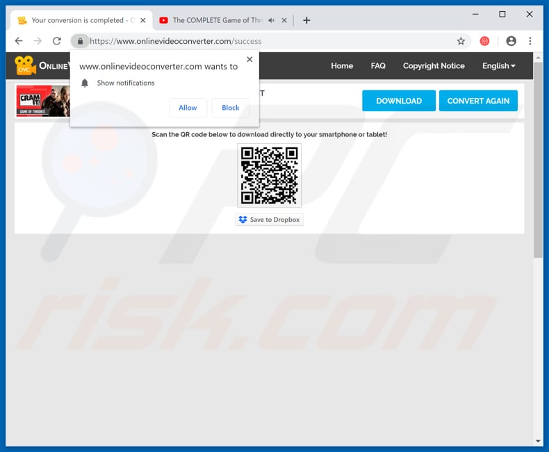 onlinevideoconverter.com website asking to show notifications
