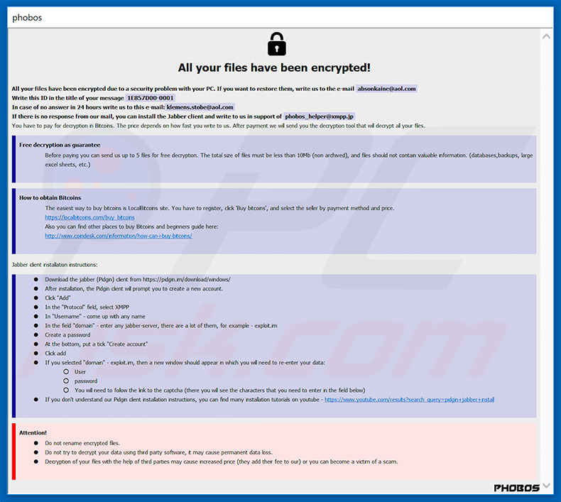 Phoenix-Phobos Ransomware Lösegeldfordernde Nachricht (info.hta)