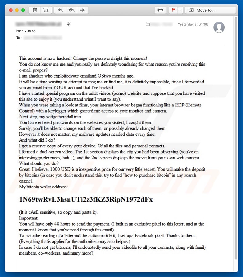 Your Account Was Hacked E-Mail Spam-Kampagne (Beispiel 3)
