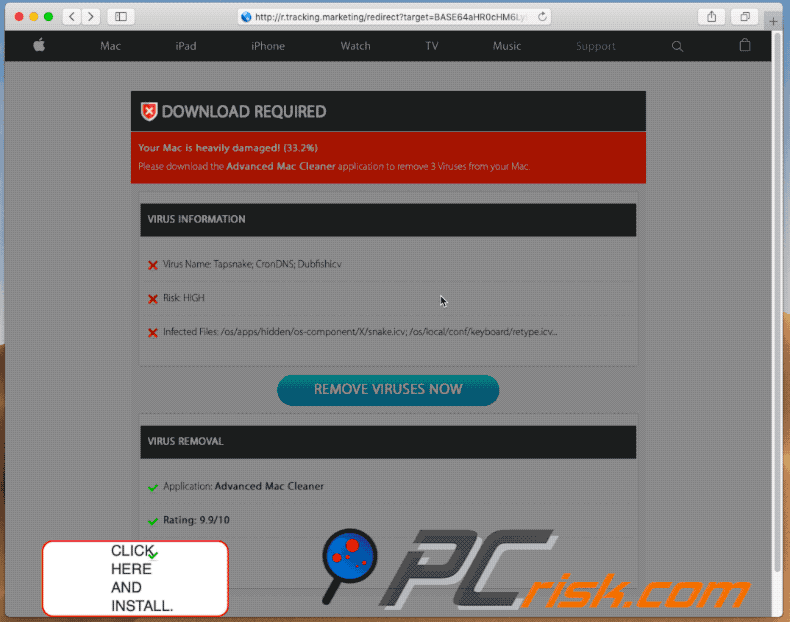 Appearance of Your Mac is heavily damaged! (33.2%) scam (GIF)