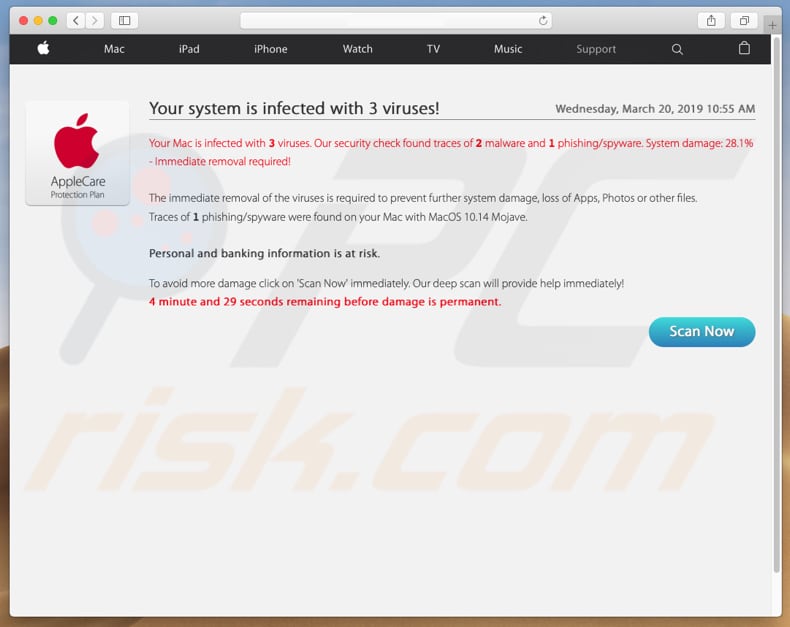 deceptive website encouraging to perform a fake virus scan