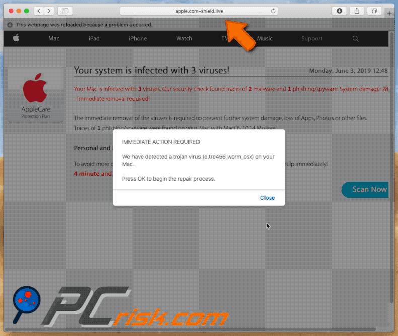 Appearance of apple.com-shield[.]live scam (GIF)