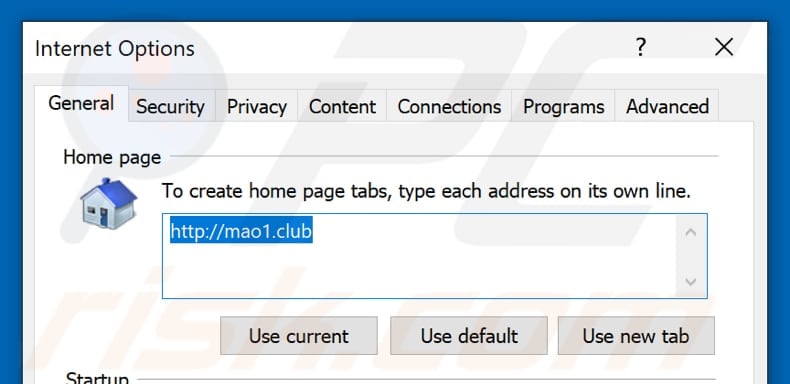 Removing mao1.club from Internet Explorer homepage