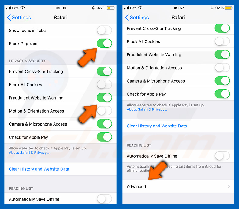 Enable pop-up blocking and fraudulent website warnings in Apple Mobile Devices