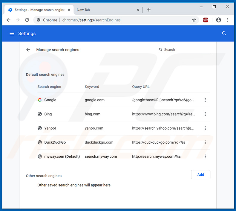 Removing hp.myway.com from Google Chrome default search engine