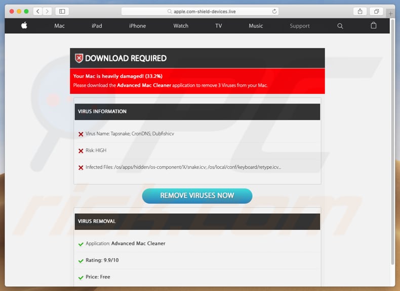 apple.com-shield-devices[.]live displays fake virus detections