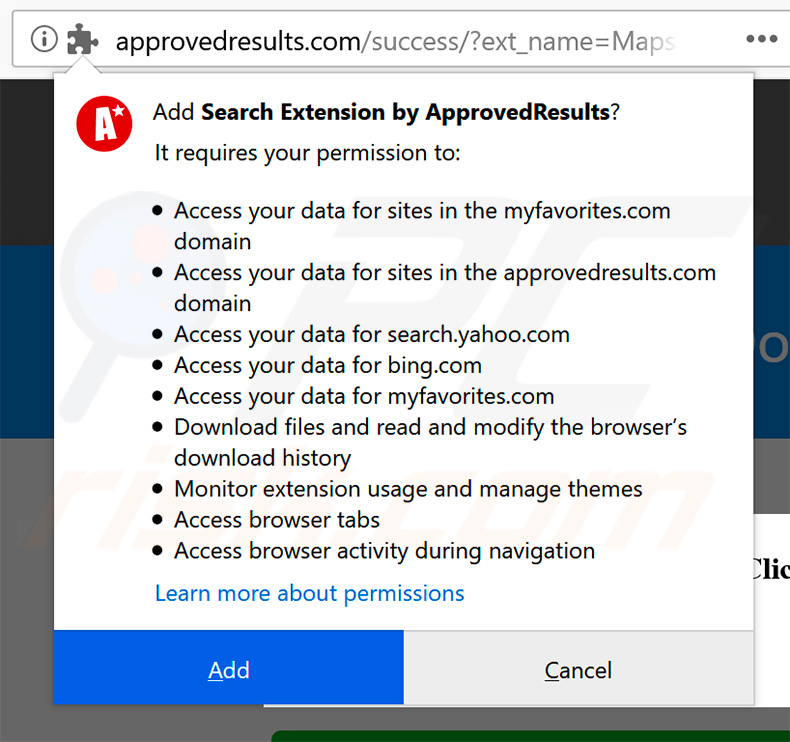 Official Search Extension by ApprovedResults browser permissions