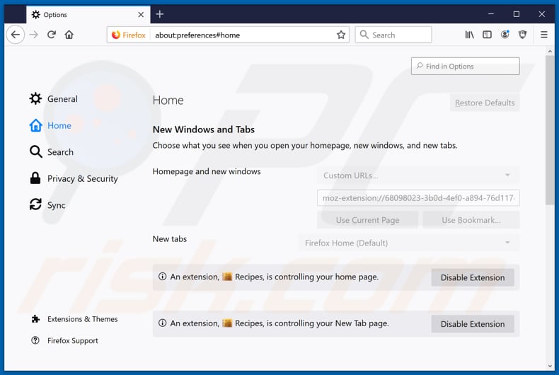 Removing search.hgetrecipesnow.com from Mozilla Firefox homepage