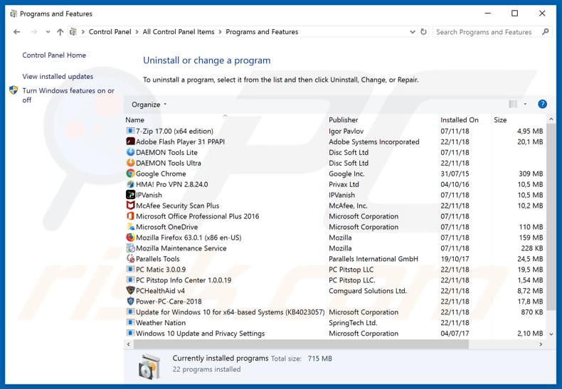 Putlocker adware uninstall via Control Panel