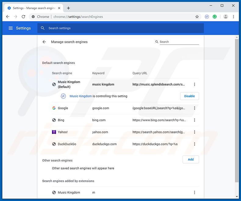 Removing splendidsearch.com from Google Chrome default search engine