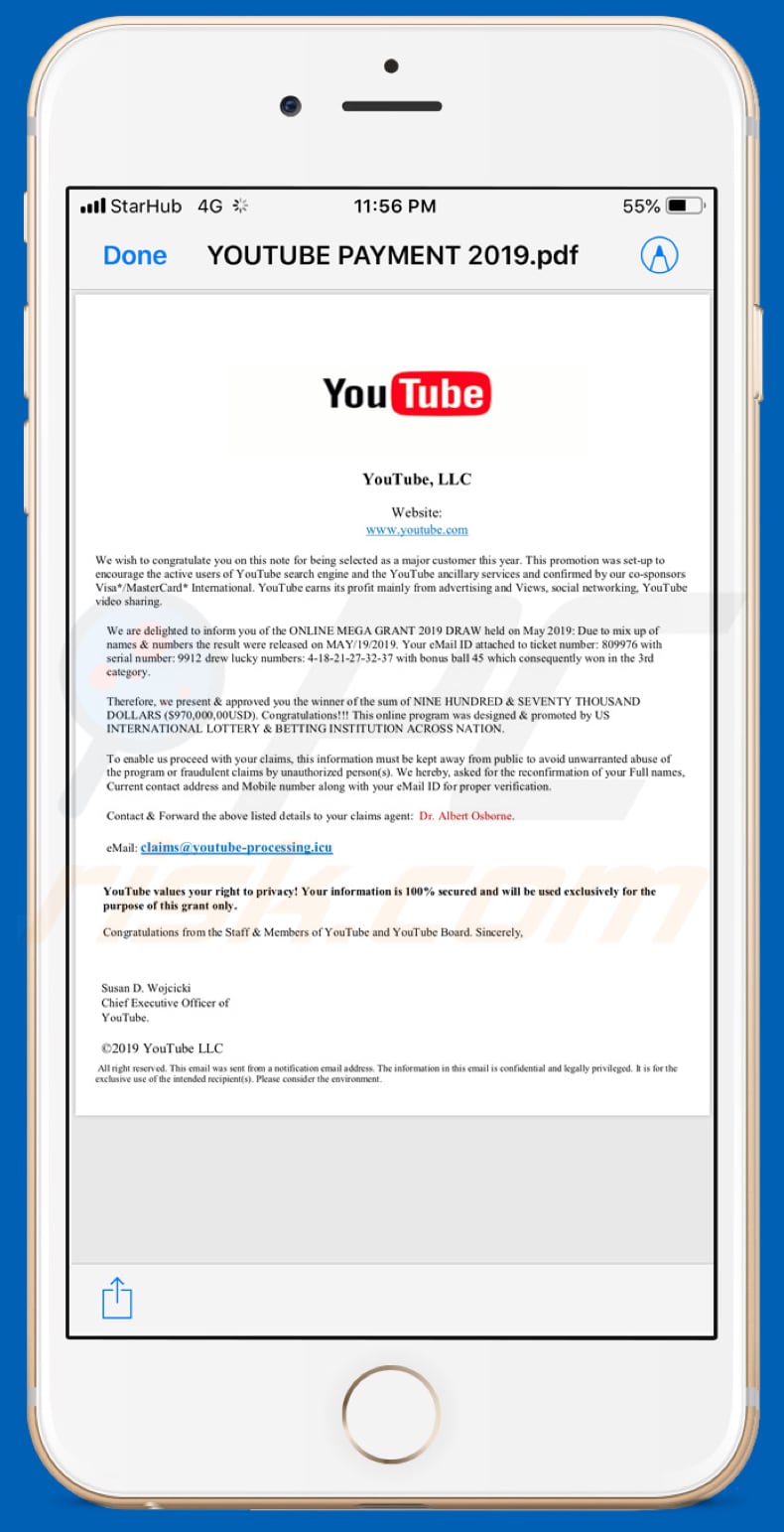 youtube lotttery email scam attachment