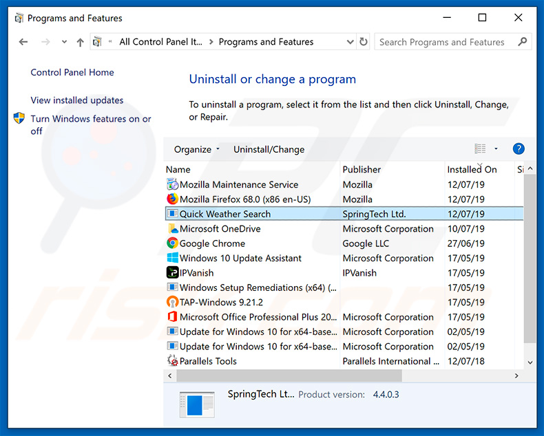 search.quickweathersearch.com browser hijacker uninstall via Control Panel