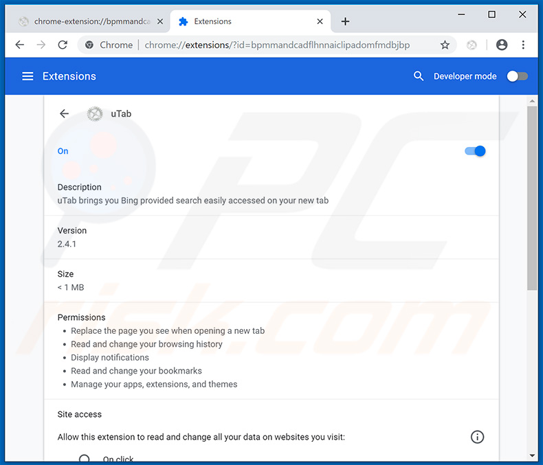 uTab browser hijacker permissions