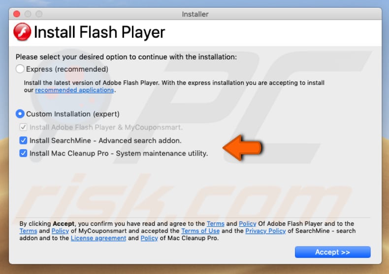browser hijacker bundled in fake flash player installer 