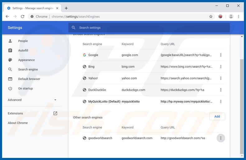 Removing hp.myway.com from Google Chrome default search engine