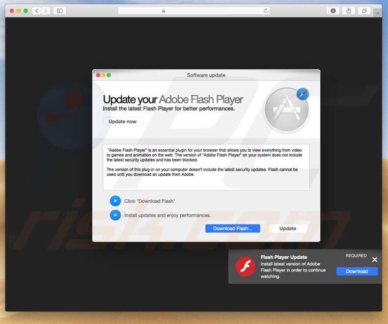 fake flash player updater distributing adware from Pirrit family