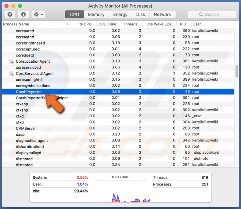 CrashReporter.exe process in Activity Monitor