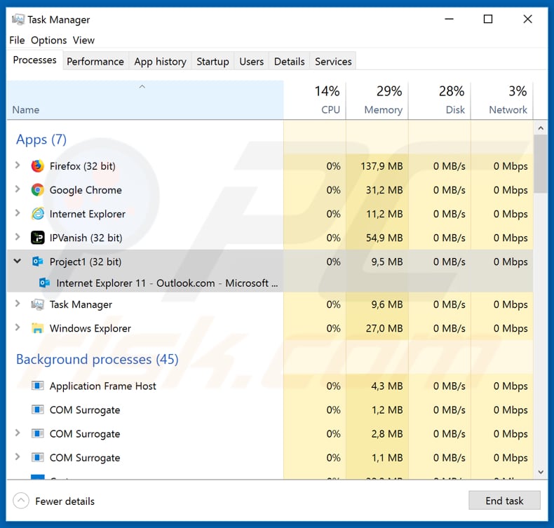 casbaneiro fake outlook process in task manager