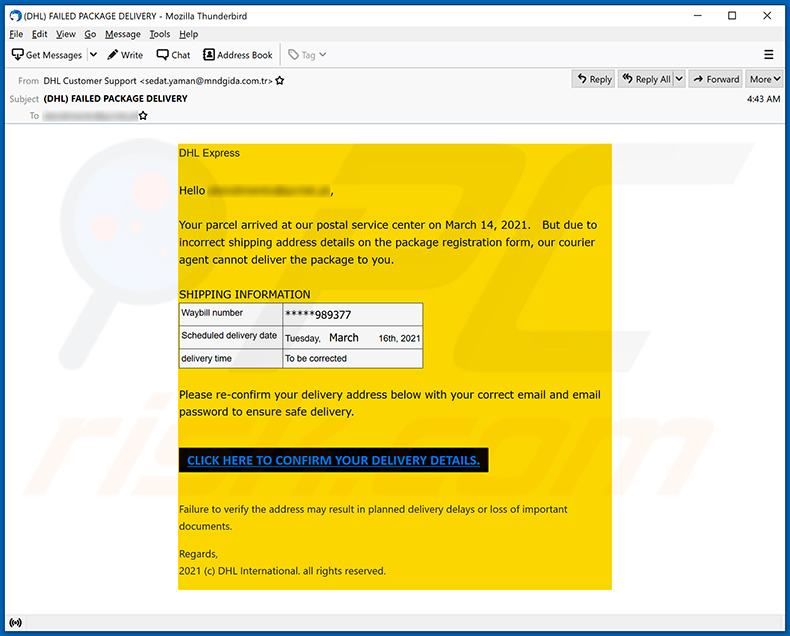 Spam-E-Mail mit DHL Express-Thema, die für eine Phishing-Webseite wirbt (2021-03-15)