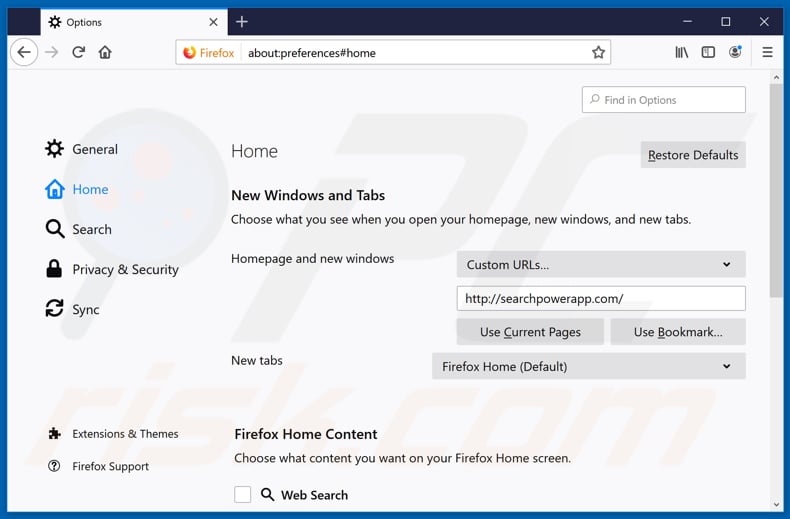 Removing searchpowerapp.com from Mozilla Firefox homepage