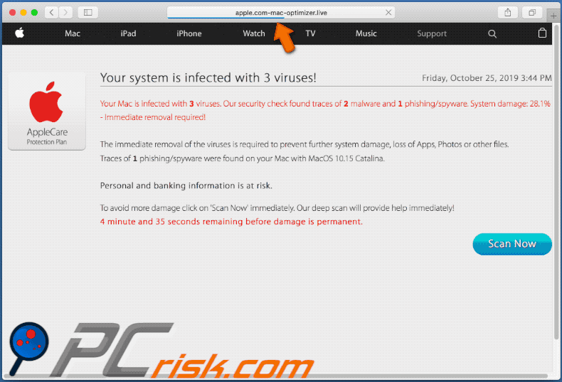 Appearance of apple.com-mac-optimizer[.]live scam (GIF)