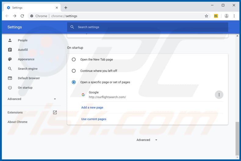 Removing ourflightsearch.com from Google Chrome homepage