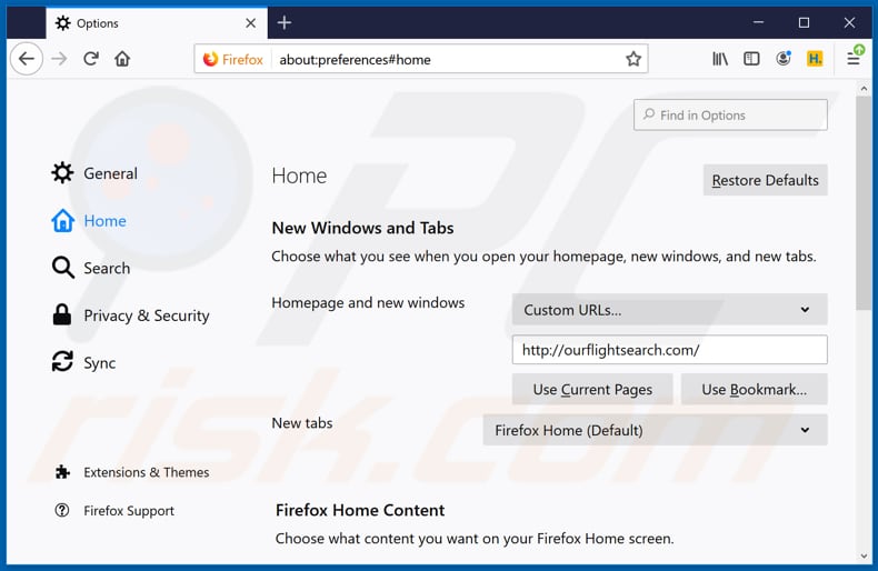 Removing ourflightsearch.com from Mozilla Firefox homepage